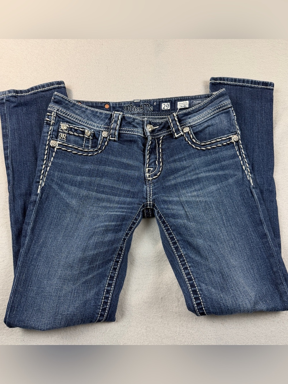Miss Me Distressed Signature Skinny Jeans with Contrast Stitching Sz 29